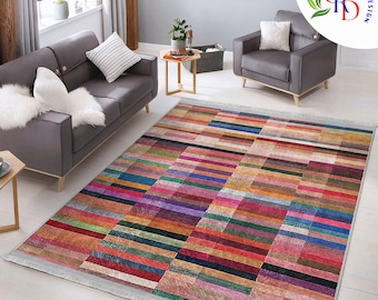 Abstract Design Area Rug|Geometric Carpet|Machine-Washable Fringed Non-Slip Rug|Colorful Multi-Task Anti-Slip Carpet|Fancy Living Room Rug
