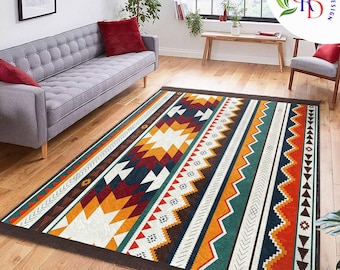 Southwestern Rug|Rug Design Carpet|Aztec Fringed Anti-Slip Floor Mat|Rustic Terracotta Machine-Washable Non-Slip Rug|Ethnic Geometric Decor