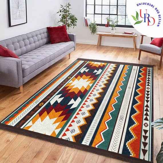 Southwestern Rug|Rug Design Carpet|Aztec Fringed Anti-Slip Floor Mat|Rustic Terracotta Machine-Washable Non-Slip Rug|Ethnic Geometric Decor