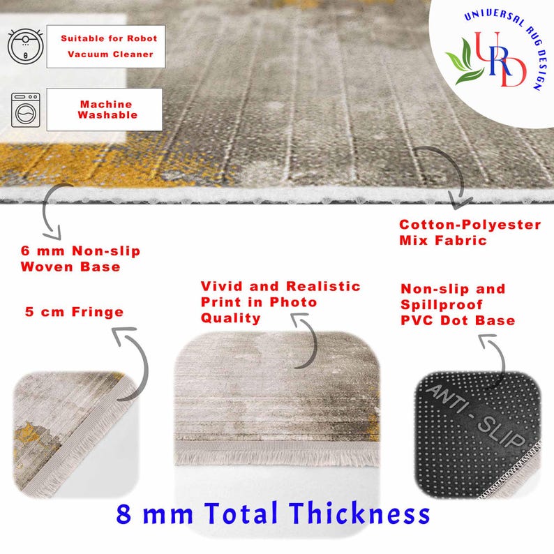 May include: A close-up of a rug with a gray and yellow design. The rug has a 6 mm non-slip woven base, a 5 cm fringe, and a total thickness of 8 mm. It is made of cotton-polyester mix fabric and has a PVC dot base. The rug is machine washable and suitable for robot vacuum cleaners.
