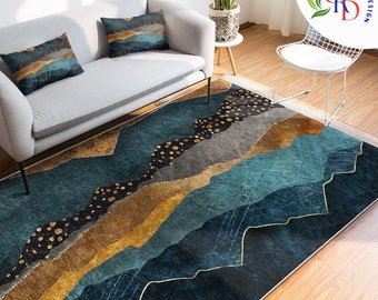 Turquoise Gold Rug|Abstract Area Carpet|Cozy Design Rug|Machine-Washable Fringed Non-Slip Mat|Multi-Purpose Anti-Slip Housewarming Carpet