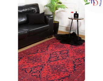 Ethnic Red Rug | Machine-Washable Oriental Floral Carpet