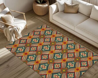 Farmhouse Rug|Rug Design Carpet|Southwestern Carpet|Machine-Washable Mat|Fringed Floor Rug|Ethnic Geometric Rug|Aztec Print Carpet