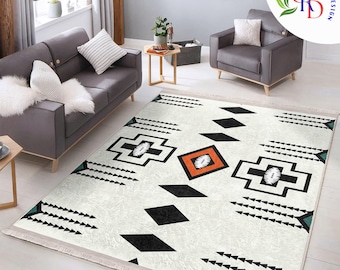 Aztec Design Carpet|Rug Pattern Fringed Anti-Slip Floor Mat|Southwestern Rug|Rustic Machine-Washable Non-Slip Mat|Ethnic Geometric Decor