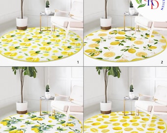 Tapete redondo de limão | Tapete floral de limão com folhas verdes | Tapete redondo antiderrapante | Tapete circular cítrico com estilo campestre | Decoração para inauguração de casa