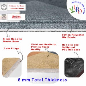 May include: A gray rug with a woven base, cotton-polyester mix fabric, and a non-slip PVC dot base. Features include a 5 cm fringe, 6 mm non-slip woven base, and a total thickness of 8 mm. The rug is machine washable and suitable for robot vacuum cleaners.