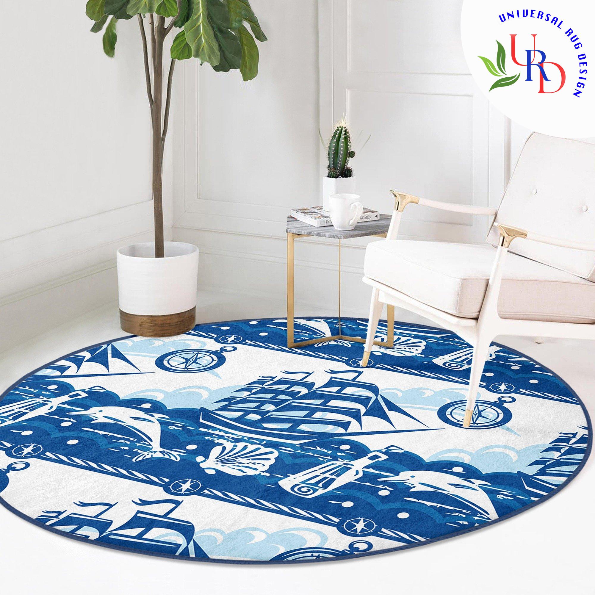 Navy Blue Floor Covering|seashell Area Rug|sailing Boat Circle Carpet ...