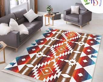 Southwestern Rug|Terracotta Rustic Machine-Washable Non-Slip Rug|Rug Design Carpet|Aztec Fringed Anti-Slip Floor Mat|Ethnic Geometric Decor
