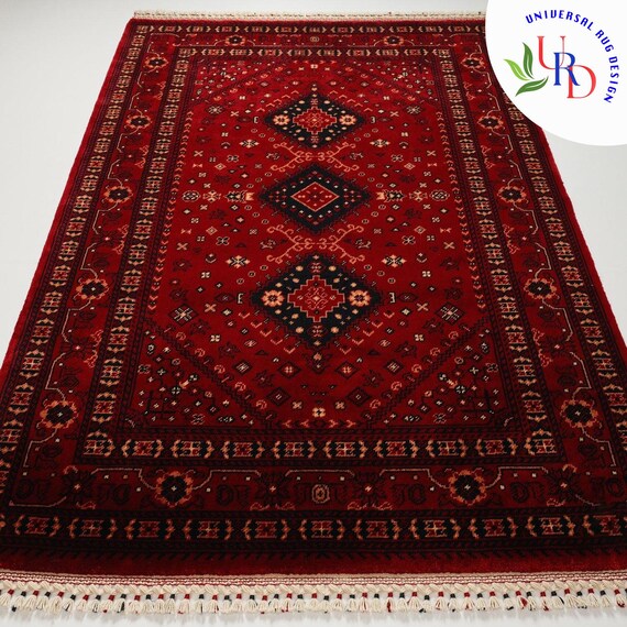 Ethnic Afghan Carpet|Oriental Style Carpet|Dark Red Color Non-Slip Living Room Rug|Farmhouse Multi-Purpose Rug|Machine-Washable Area Rug