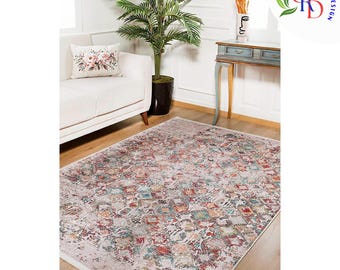 Faded Area Carpet|Housewarming Rug|Boho Pastel Carpet|Machine-washable Rug|Non-slip Rug|Ethnic Design Carpet|Rustic Carpet