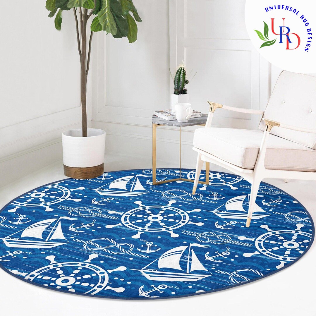 Navy Blue Floor Covering|seashell Area Rug|sailing Boat Circle Carpet ...