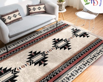 Rug Design Carpet|Aztec Print Fringed Farmhouse Floor Covering|Ethnic Geometric Rug|Southwestern Carpet|Rustic Machine-Washable Non-Slip Mat