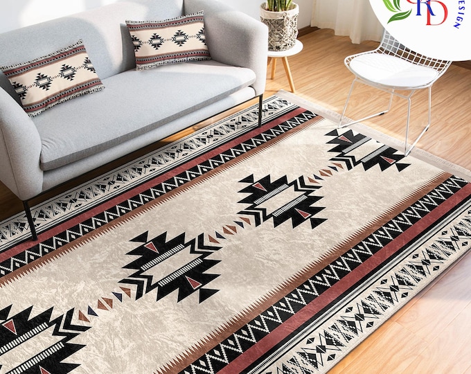 Rug Design Carpet|Aztec Print Fringed Farmhouse Floor Covering|Ethnic Geometric Rug|Southwestern Carpet|Rustic Machine-Washable Non-Slip Mat