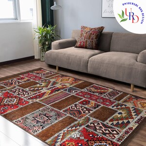 Rug Design Ethnic Patchwork Carpet|Machine-Washable Non-Slip Rug|Rustic Washable Carpet|Decorative Area Rug|Multi-Purpose Anti-Slip Carpet