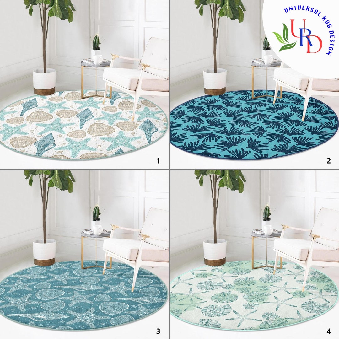 Beach House Round Rug|decorative Seaweed and Seashell Circle Carpet|non ...