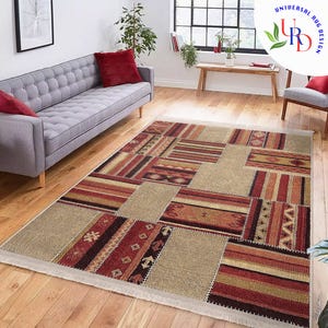 Rustic Patchwork Kilim Rug|Red Beige Brown Carpet|Boho Patio Decor|Southwestern Tribal Area Rug|Machine-Washable Non-Slip Mat