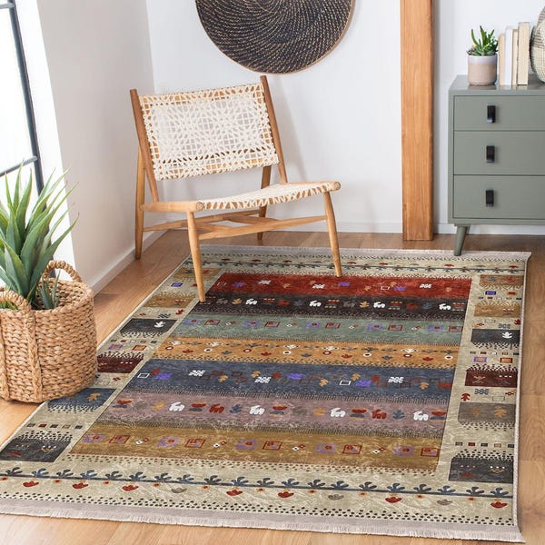 Colorful Ethnic Rug Featuring Authentic Motifs|Turkish Kilim Design Carpet|Machine-Washable Non-Slip Mat|Fringed Farmhouse Floor Covering