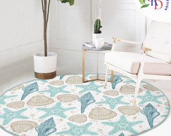 Beach House Round Rug|non-slip Round Carpet|decorative Seaweed and