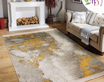 Abstract Rug in Gray and Mustard Tones|Contemporary Rug|Boho Design Rug|Statement Rug|Anti-slip Carpet|Machine-washable Rug