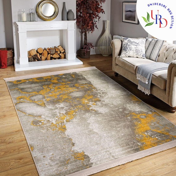 Abstract Rug in Gray and Mustard Tones|Contemporary Rug|Boho Design Rug|Statement Rug|Anti-slip Carpet|Machine-washable Rug