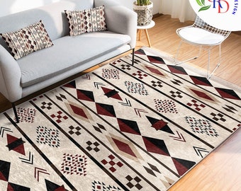 Southwestern Rug|Rug Design Carpet|Diamond Pattern Machine-Washable Non-Slip Rug|Ethnic Geometric Decor|Aztec Fringed Anti-Slip Floor Mat