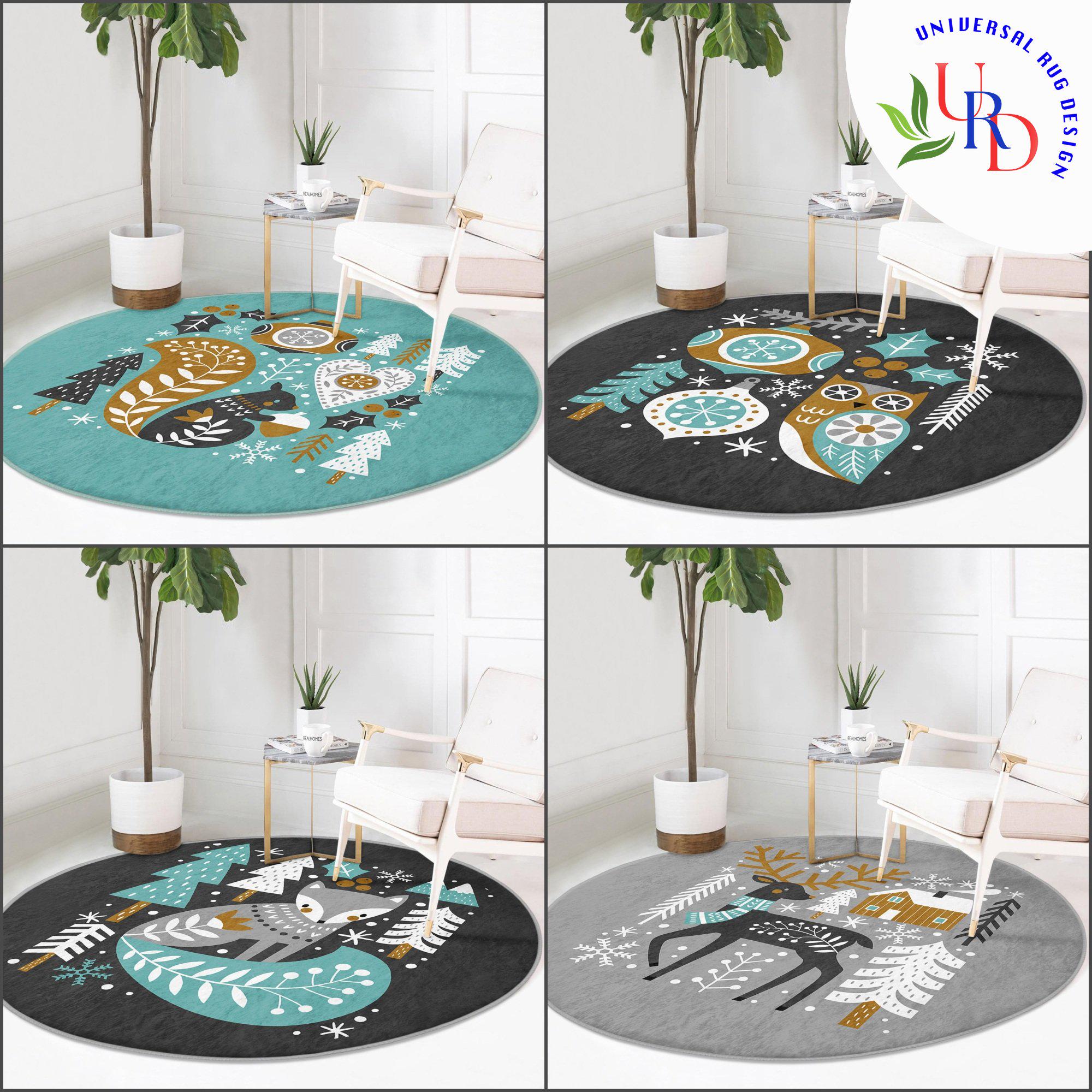 Non-Slip Nordic Carpet|Winter Round Rug|Owl Circle Carpet|Deer Xmas Rug|Fox and Squirrel Print Area