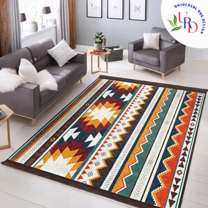 May include: A colorful rug with a geometric pattern in shades of red, orange, yellow, green, blue, and brown. The rug has a fringe border and is laid out on a light wood floor.