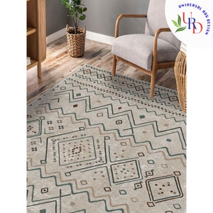 Beige & Green Area Rug|Farmhouse Style Machine-Washable Rug|Decorative Abstract Floor Carpet|Multi-Purpose Rug|Anti-Slip Indoor/Outdoor Rug