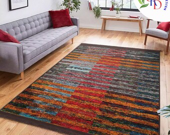 Colorful Striped Area Rug|Boho Patio Accent|Decorative Rug|Anti-slip Carpet|Abstract Floor Rug|Living Room Carpet|Farmhouse Style Gift