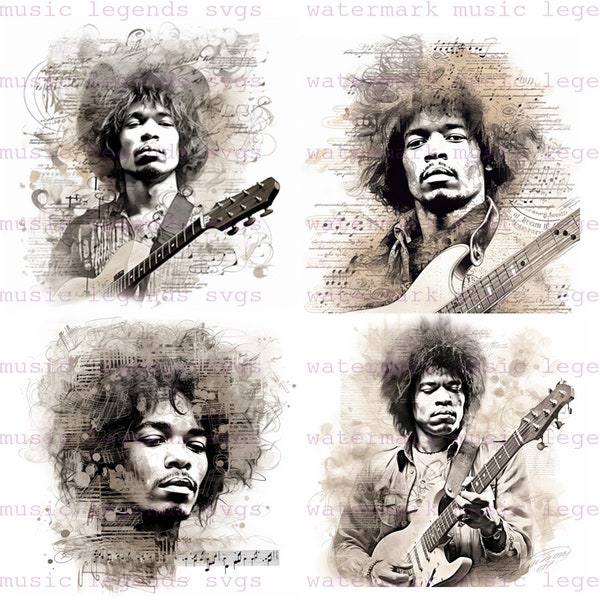 Ensemble d'œuvres d'art Portrait SVG de maîtrise mélodique de Jimi Hendrix