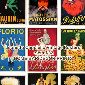 Puede incluir: Un conjunto de 32 pósters vintage con ilustraciones coloridas de personas y productos. Los pósters están diseñados en estilo Art Déco y presentan colores llamativos y diseños gráficos. Los pósters incluyen anuncios de cigarrillos, licores y otros productos. El texto en los pósters está en francés e inglés.