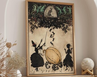 May include: A vintage-style illustration of two figures in silhouette, one holding a pumpkin carriage and the other holding a wand. The illustration is set against a background of a cage with birds and a forest scene. The image is printed on a canvas and framed in a dark wood frame.