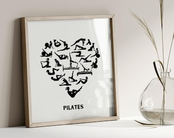 Pilates afdrukbare muurkunst, hartvormige pilates-posities, pilates cadeau, poster, pilates studio decor, zwart-wit, digitaal DOWNLOAD