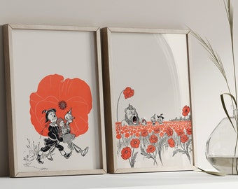 The Wonderful Wizard of Oz, set van 2 prenten, vintage, klaprozenveld, kinderkamer, kinderkamer, boekillustratie, nostalgie voor volwassenen, digitaal