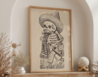 Calavera Maderista, schattige Mexicaanse dag van de doden skeletkunst, drinken skelet print, vintage muurkunst, Halloween decor, instant download