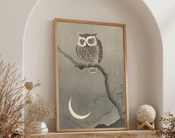 Vintage Japanese Owl Moon Art Print: Halloween Decor (Digital Download)