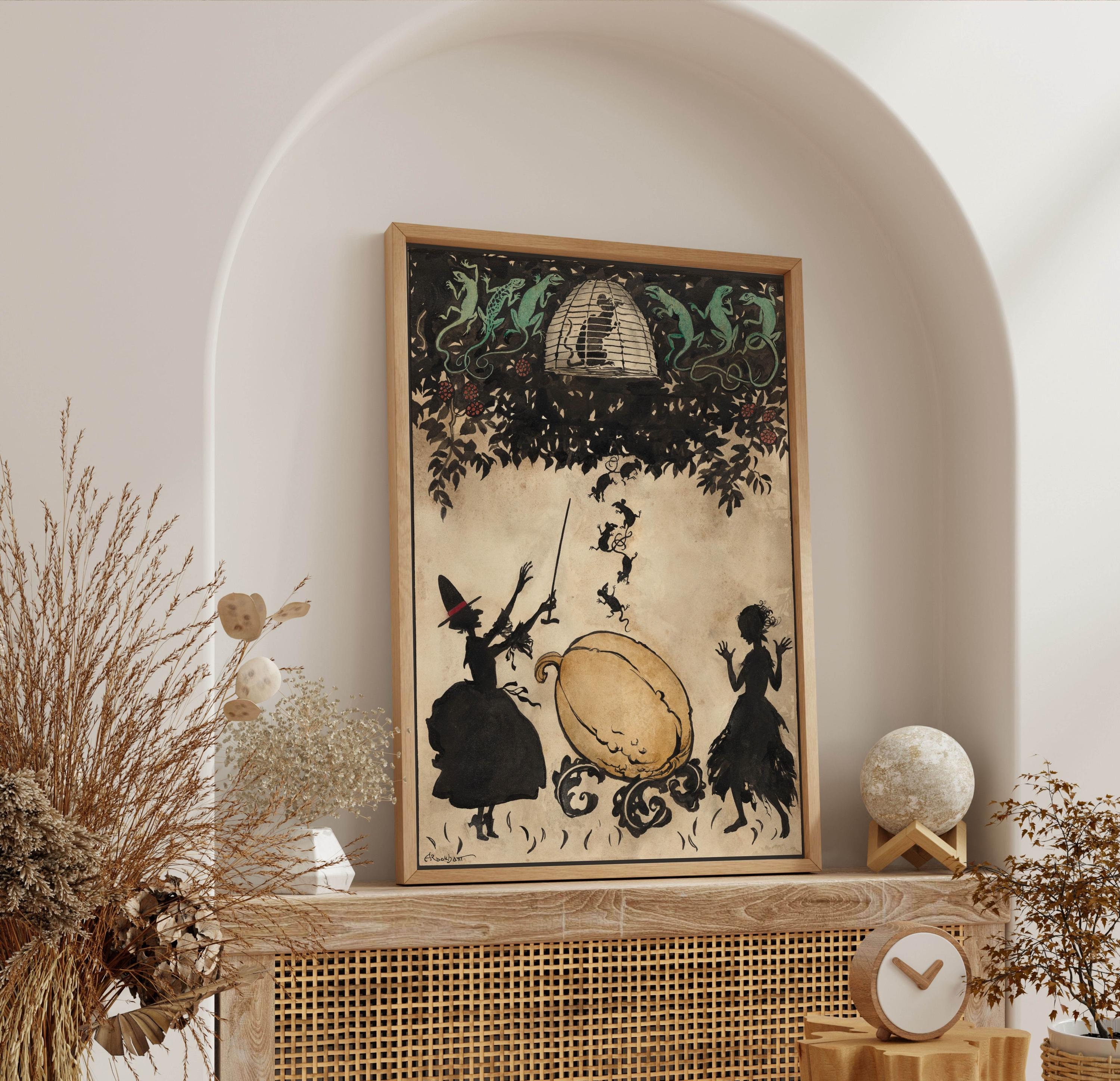 Assepoester vintage print, heks, pompoen, halloweendecor, antieke sprookjeskunst, klassieke verhalenboekillustratie, instant digitale download.