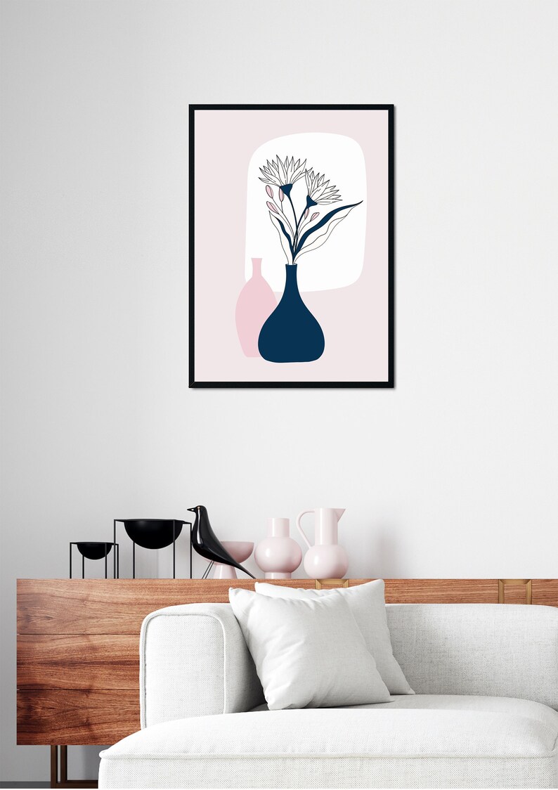 Boho Floral Vase Print: Abstract Pink Navy Wall Art (digital Download ...