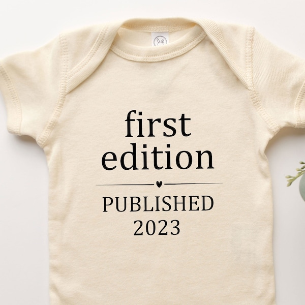 First Edition Published Onesie® Custom Personalized Year Text Tee Shirt Onepiece Babysuit For Infant Toddler Youth Girl Boy Pregnancy Reveal
