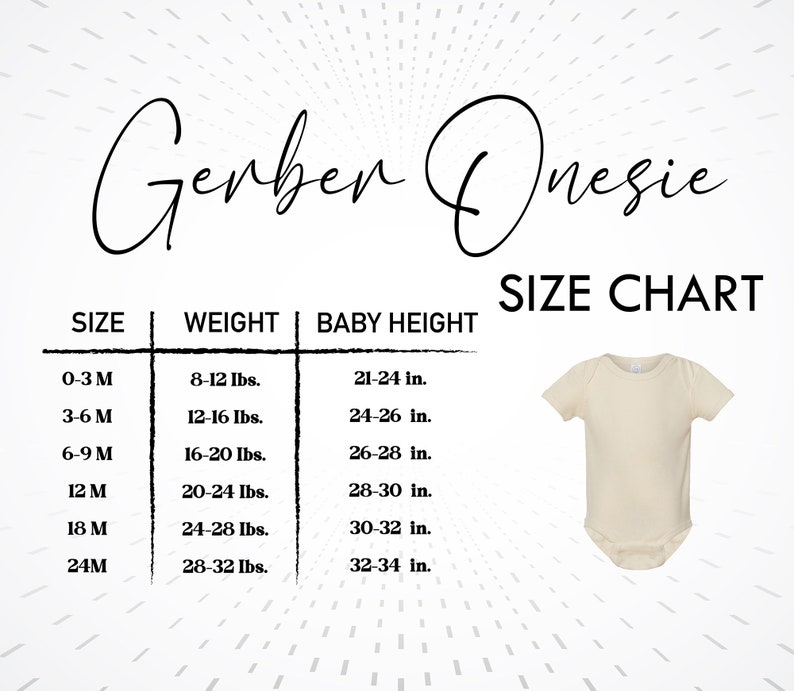 Pode incluir: Tabela de tamanhos para bodies Gerber, mostrando os tamanhos de 0-3 meses a 24 meses, com as faixas de peso e altura correspondentes em libras e polegadas.