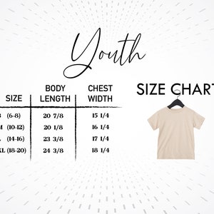 Pode incluir: Tabela de tamanhos para uma camiseta para jovens com medidas em polegadas. A tabela mostra os tamanhos 8, M, L e XL com as medidas de comprimento do corpo e largura do peito correspondentes.