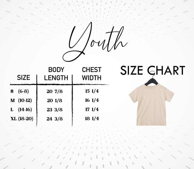 Pode incluir: Tabela de tamanhos para uma camiseta para jovens com medidas em polegadas. A tabela mostra os tamanhos 8, M, L e XL com as medidas de comprimento do corpo e largura do peito correspondentes.