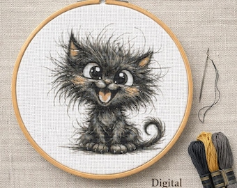 Cute Fluffy Black Cat Cross Stitch Pattern PDF, Tablet Friendly, Big Eyes Kitten