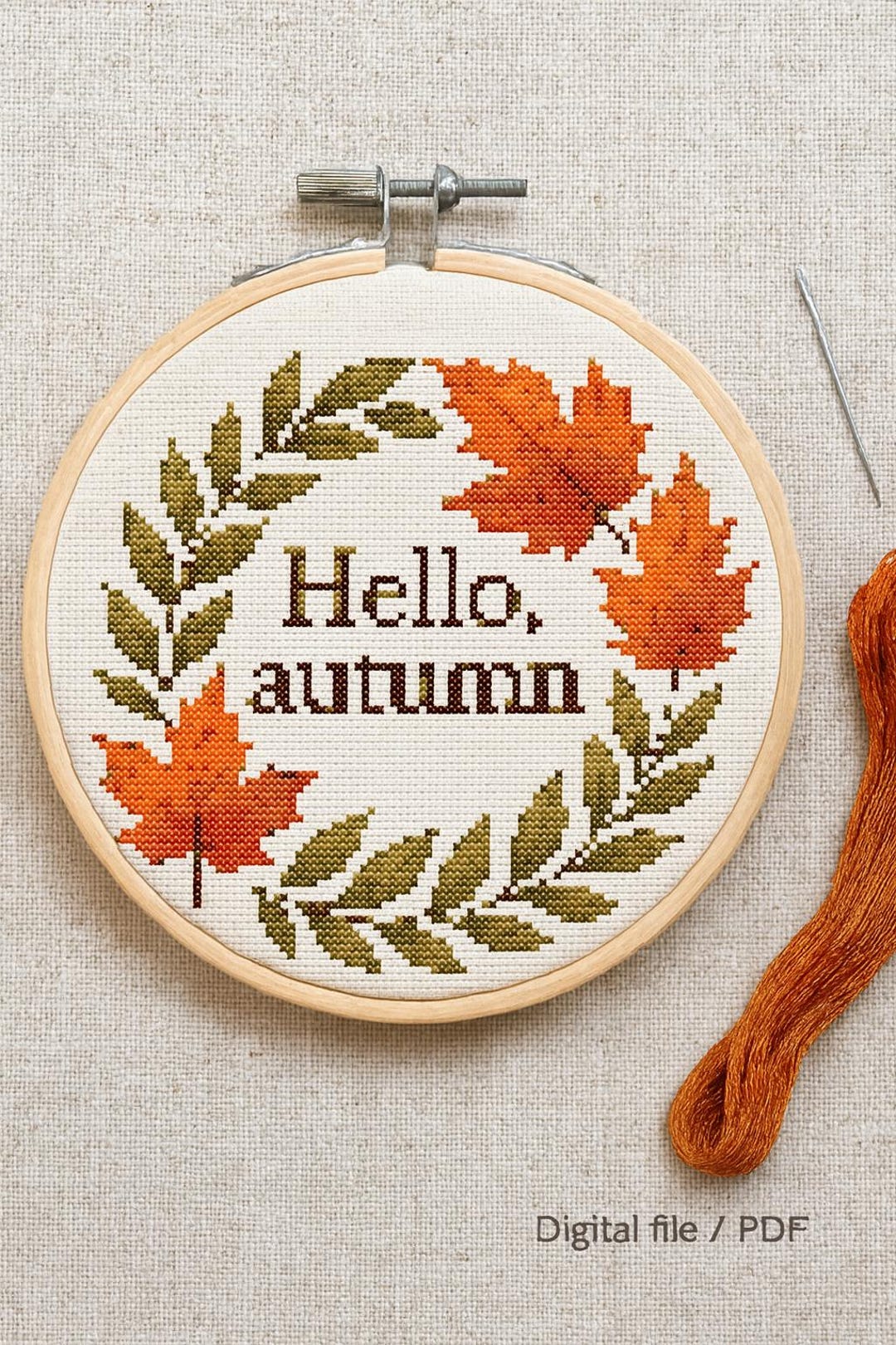 Hello Autumn Cross Stitch Pattern PDF | Fall Wreath With Maple Leaves ...