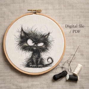 Grumpy Cat Cross Stitch PDF Pattern | Black Cat Embroidery Chart | Aida 14 Counted Design