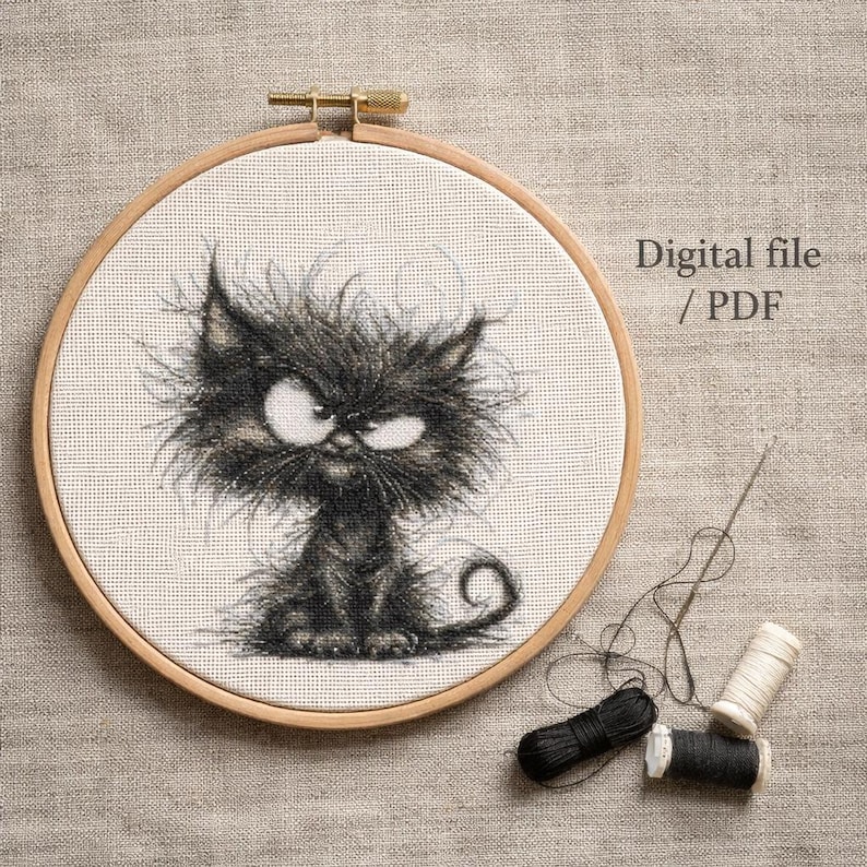 Grumpy Cat Cross Stitch PDF Pattern | Black Cat Embroidery Chart | Counted Design image 1