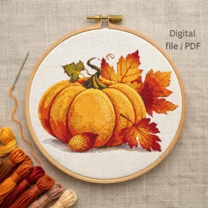 Autumn Pumpkin Cross Stitch Pattern, Digital PDF, Fall Embroidery Design