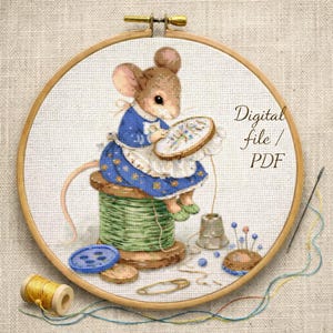 Stitching Mouse Cross Stitch Pattern PDF, Sewing Mouse Embroidery Design