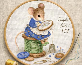 Stitching Mouse Cross Stitch Pattern PDF, Sewing Mouse Embroidery Design