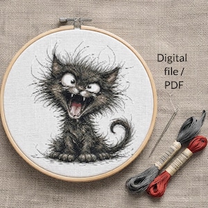 Funny Fluffy Black Cat Cross Stitch Pattern PDF, Cute Angry Kitty, Tablet Friendly Digital Download
